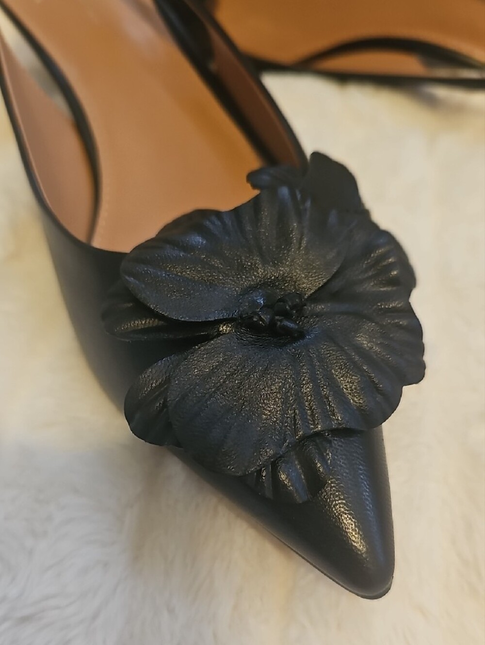 Paolo Black Leather Slingback Pointed Toe Heels with Floral Appliqué - Picture 3 of 9